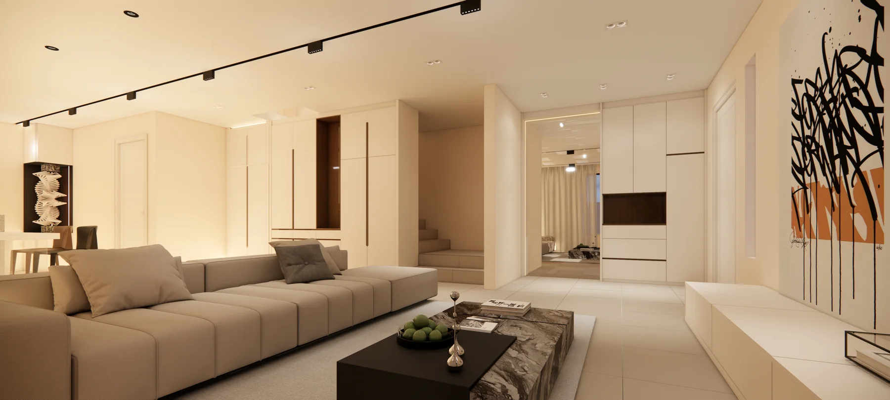 Bright contemporary living room with integrated cabinetry