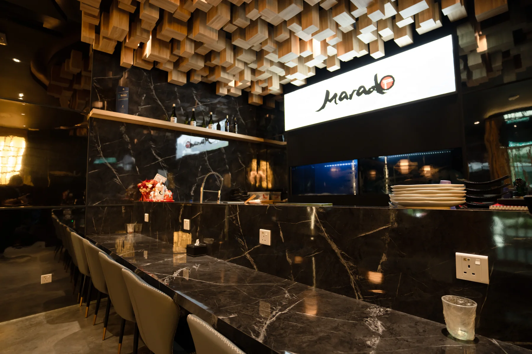 Completed contemporary Japanese restaurant dining room in Johor Bahru