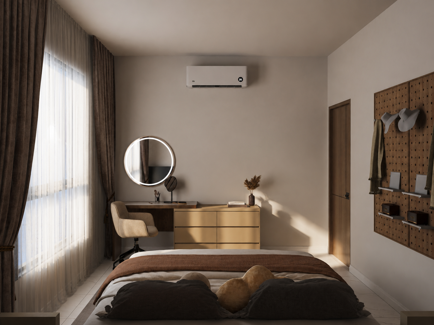 Pandan Residence 3 bedroom vanity and pegboard storage design visualisation