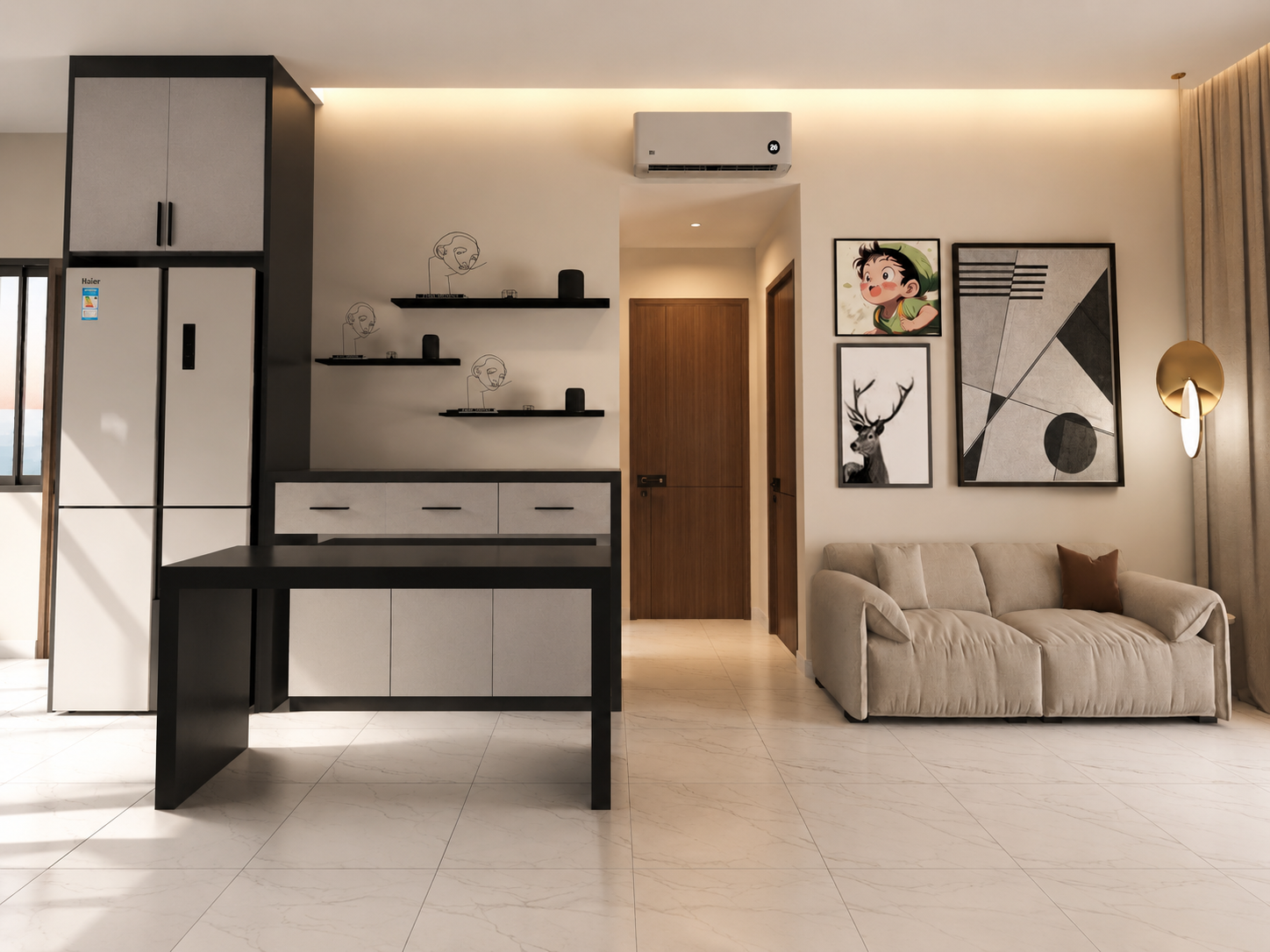 Pandan Residence 3 open living, dining and kitchen design visualisation